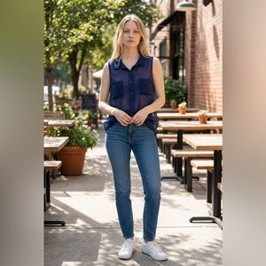 Sleeveless Navy Dot Collared Blouse - Women's